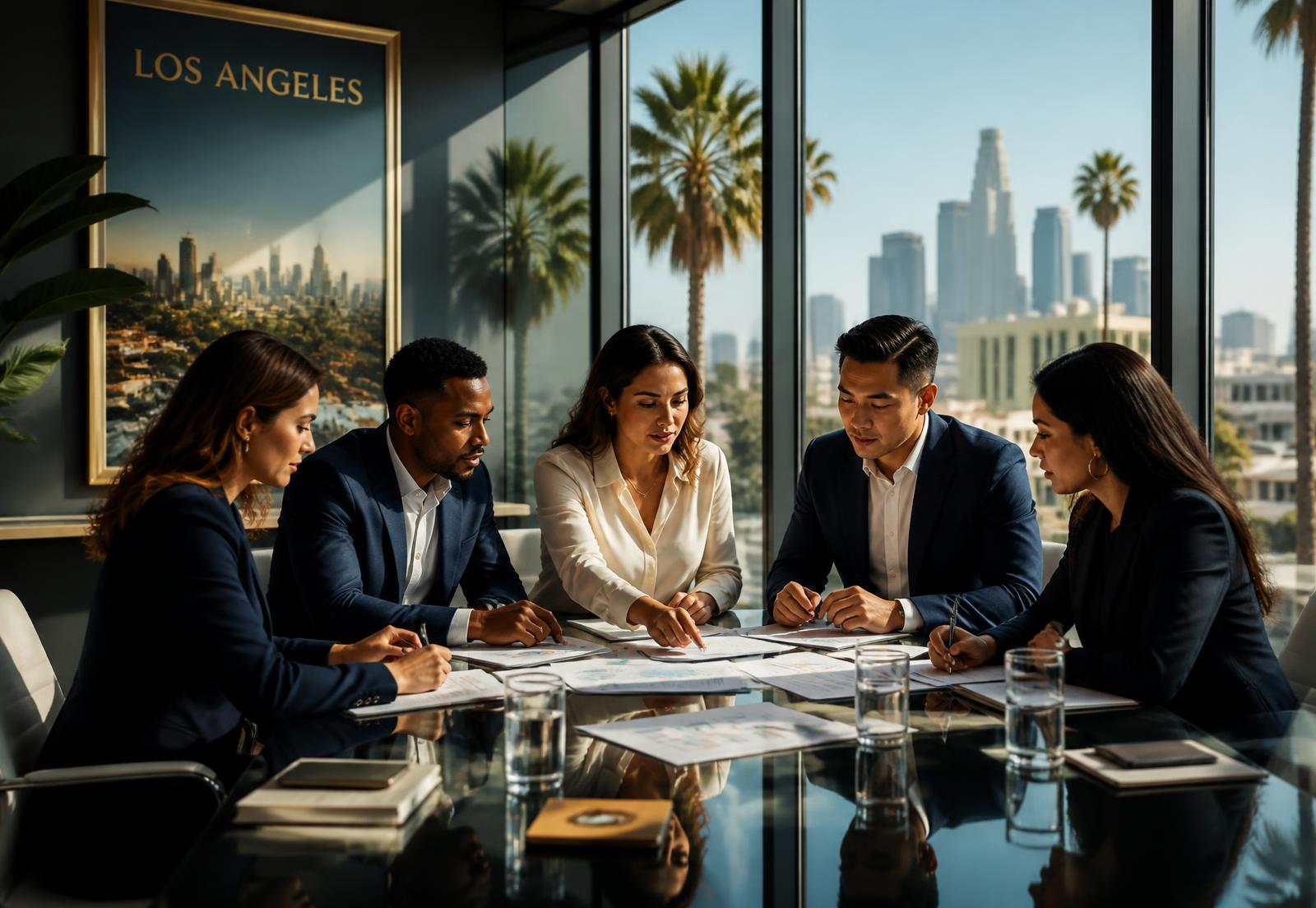 Consultants and business owners reviewing a growth strategy in a Los Angeles conference room